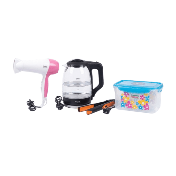 Combo Quick Secador + Planchita + Hervidora + Recipiente