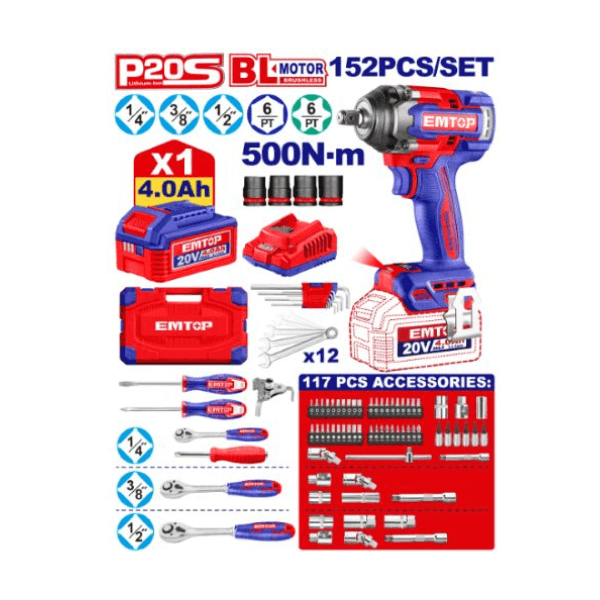 Combo EMTOP Juego 152 P + Llave de Impacto 500Nm