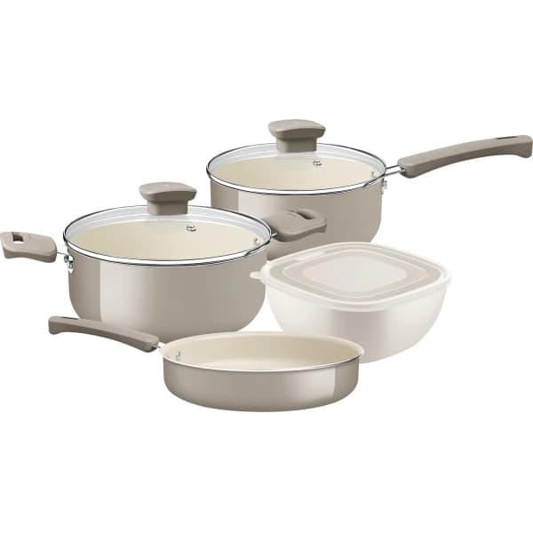 Combo Tramontina Juego de Ollas 4P Veronese Beige+Jgo de 18 Pzs de Platos