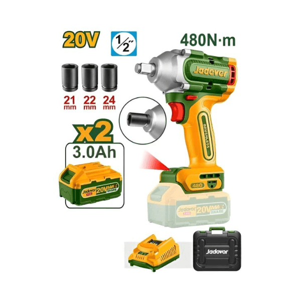 Llave Jadever de Impacto 1/2" BL 480NM 2xBat. 20V+Jgo de Llaves 10Pzs 1/2"