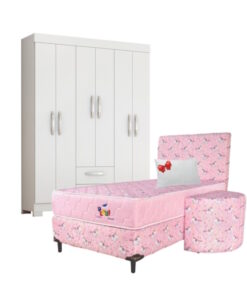 Combo Sommier Paraná PLAY Kids 1,00 x 1,90 Rosado + Ropero 6 puertas 2C NT 6015 Blanco